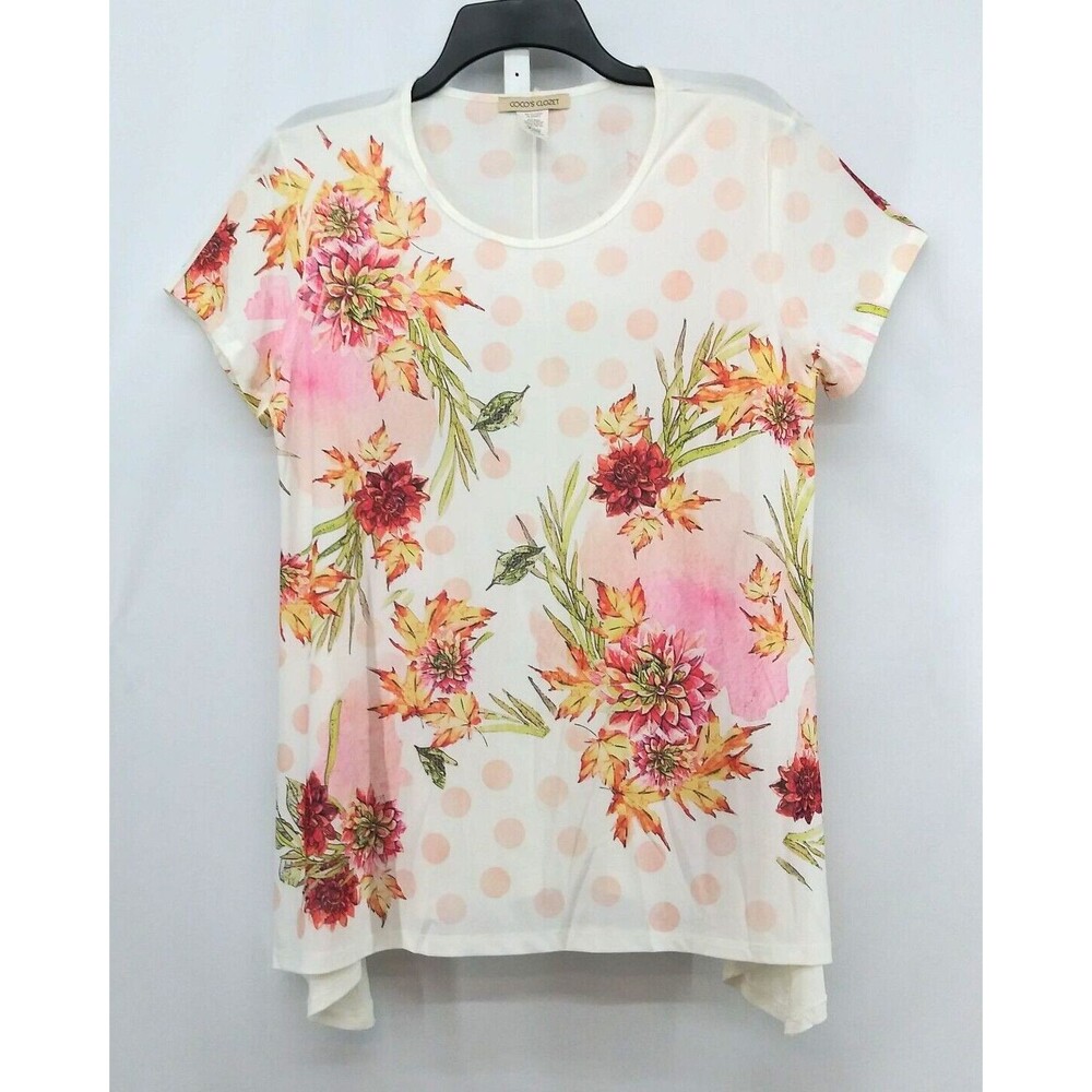 Coco's Closet Shirt Womens Large White Floral Short Sleeve Pullover Tunic Top